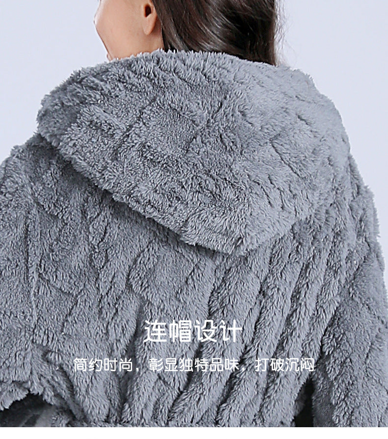 Loose Long Thick Hooded Winter Bathrobe for Women - Flannel Terry Comfortable Sleepwear