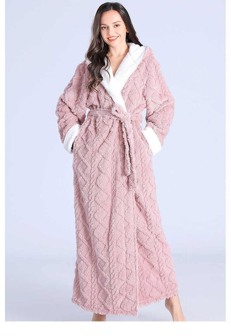 Loose Long Thick Hooded Winter Bathrobe for Women - Flannel Terry Comfortable Sleepwear