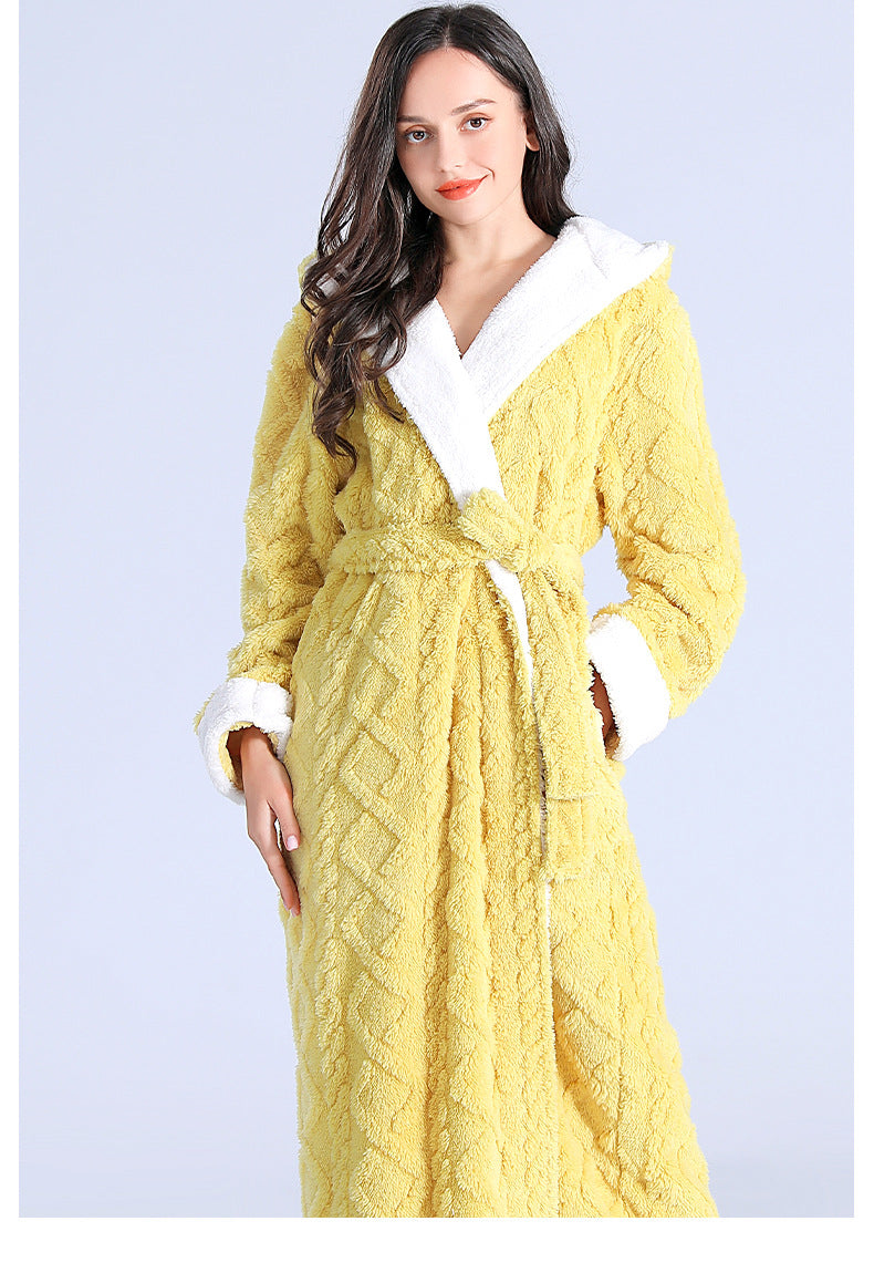 Loose Long Thick Hooded Winter Bathrobe for Women - Flannel Terry Comfortable Sleepwear