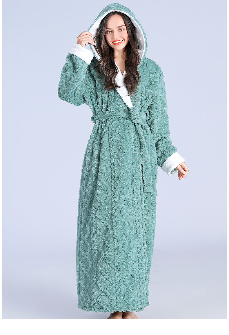 Loose Long Thick Hooded Winter Bathrobe for Women - Flannel Terry Comfortable Sleepwear