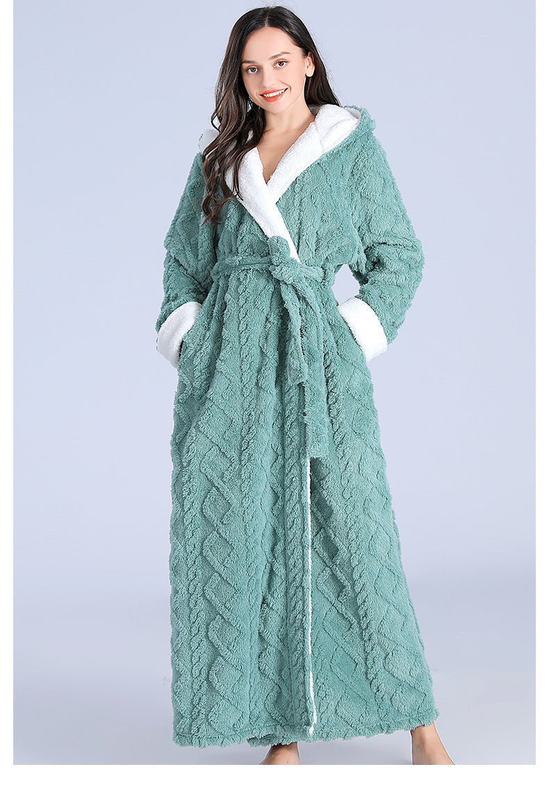 Loose Long Thick Hooded Winter Bathrobe for Women - Flannel Terry Comfortable Sleepwear