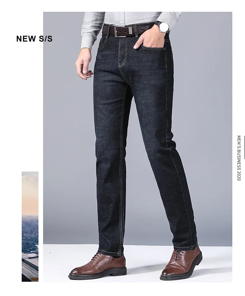 Men's Soft Straight Denim Pants 2025 Autumn Classic Business Black Biker Jeans Overalls