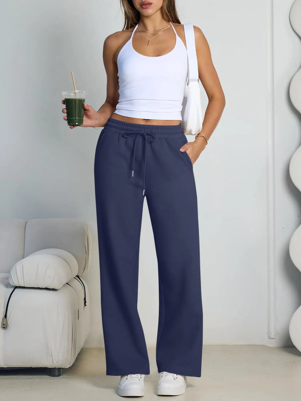 Women's Wide Leg Pants - European and American Fleece Sweatpants with Waist Drawstring - Straight Leg Loose Dance Casual Trousers