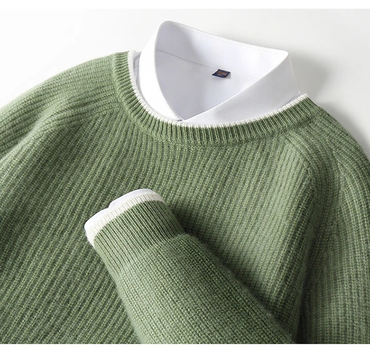 100% Pure Wool Men's Round Neck Thick Pullover Sweater - Youth Knitted Cashmere Sweater with Bottom