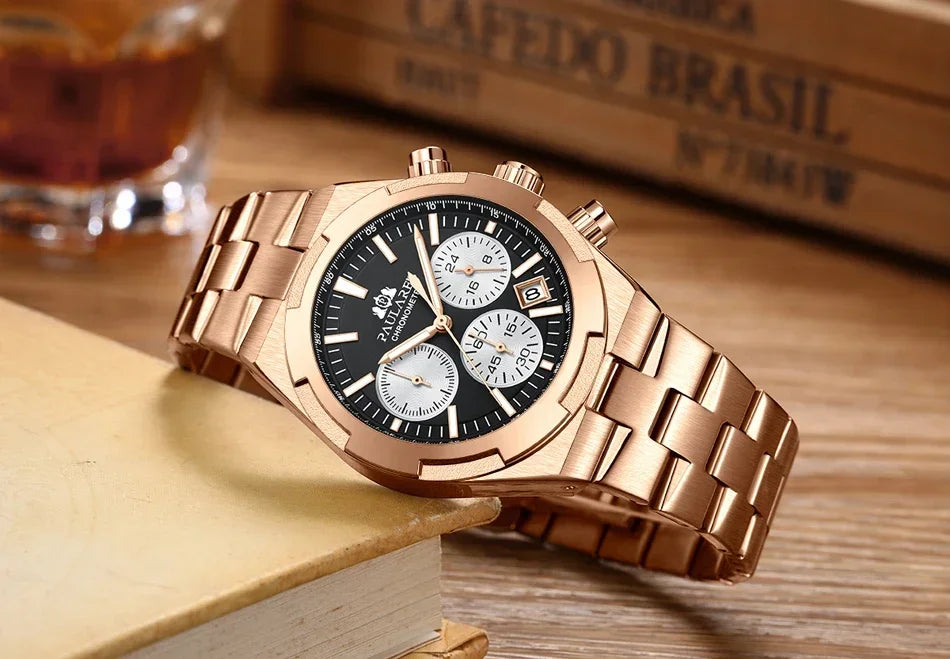 Luxury Watch for Men Chronograph Luminous Rose Gold Silver Blue Fashion Quartz Overseas Stainless Steel Watch for Men Cheap