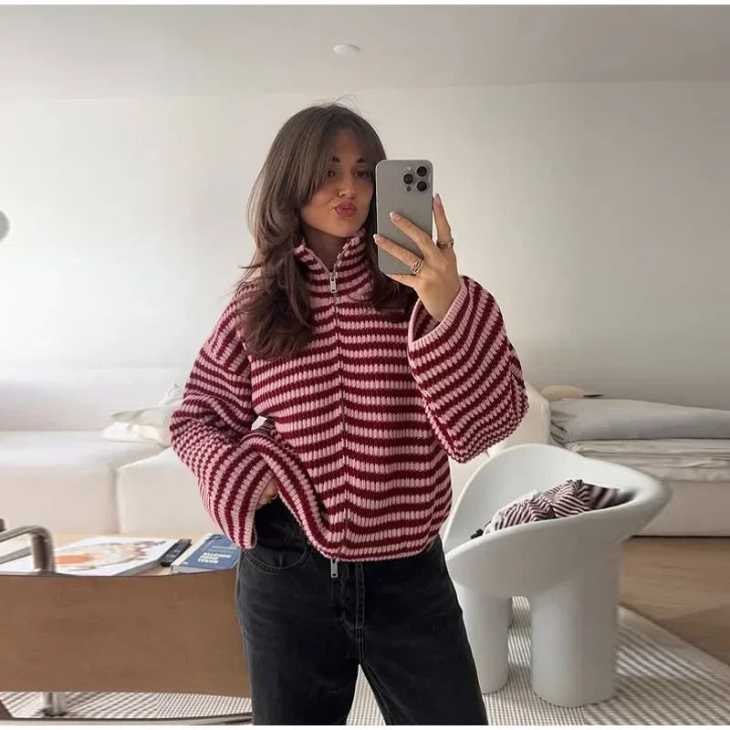 Women's Panelled Striped Zipper Knit Sweater Turtleneck Full Sleeve Coat 2026 Spring Autumn Female Casual Outings Daily Matching