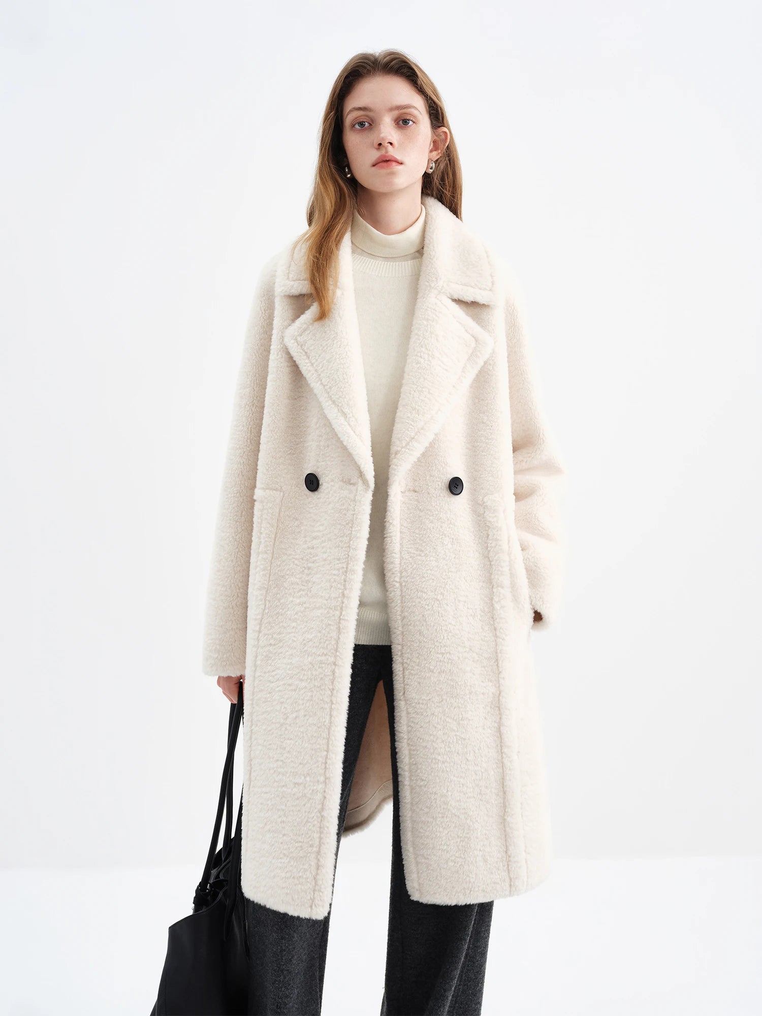 FSLE Women's Suede Faux Fur Lamb Wool Coat with Turn Down Collar - 2025 Winter New Style Furry Coat