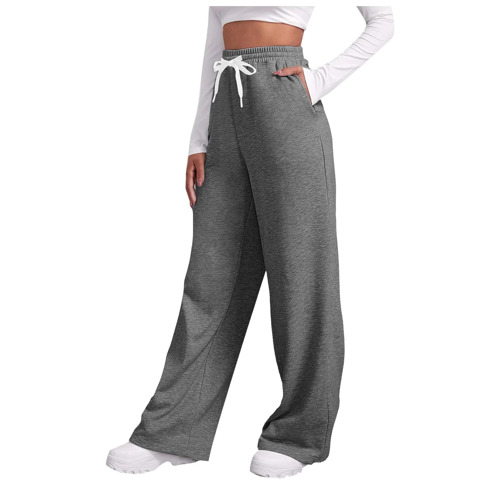 Women New Elastic Waist Pants with Side Pockets Fleece Lined Thick Wide Leg Sweatpants Pure Color Straight Cut