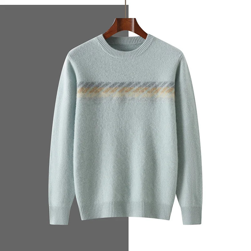 Autumn Winter New Round Neck 100% Cashmere Sweater for Men - Loose Thickened Casual Color Block Pullover Knitted Base Shirt