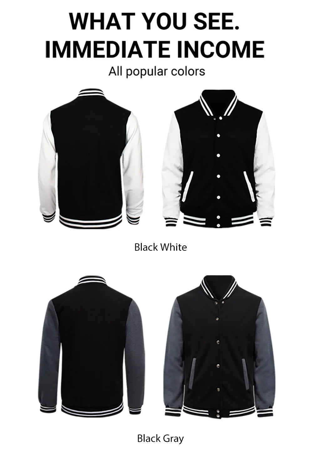 Black White Jacket Coats 5XL Loose Oversized Casual Wear for Men and Women - Baseball Street Coat, Warm Fleece Jackets