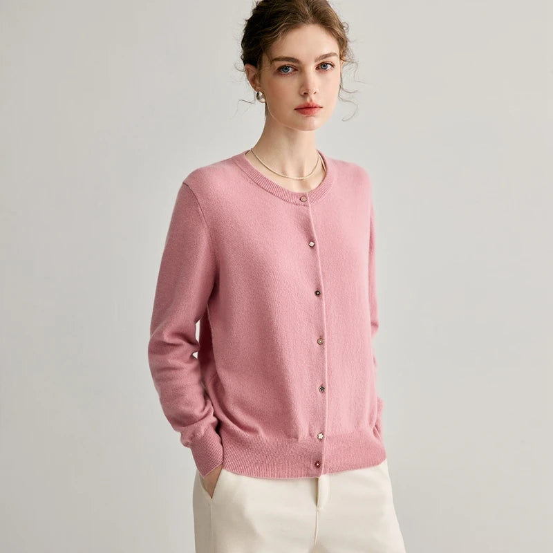High-quality 100% Pure Cashmere Women's Cardigan Casual Knitted Sweater Loose Round Neck Tops Thickened Basic Pull Jumper