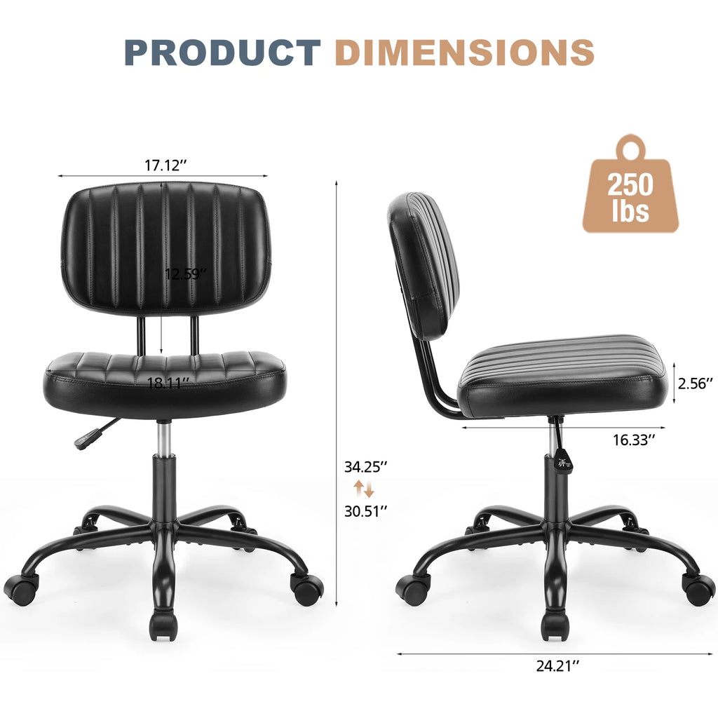JHK Armless Office Desk Chair with Back Lumbar Support, Height Adjustable PU Leather Computer Chair with 360° Swivel Rolling Wheels