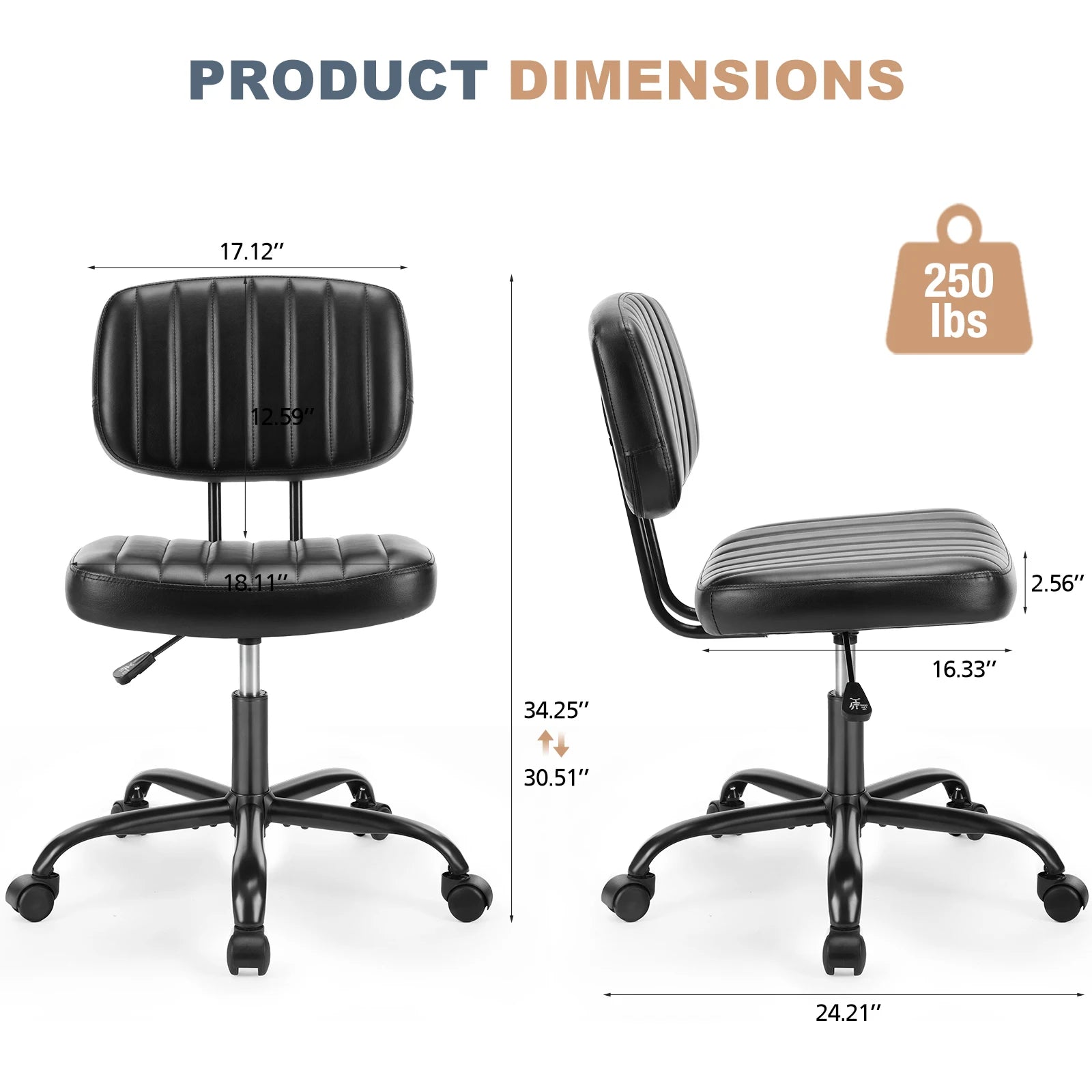 JHK Armless Office Desk Chair with Back Lumbar Support, Height Adjustable PU Leather Computer Chair with 360° Swivel Rolling Wheels