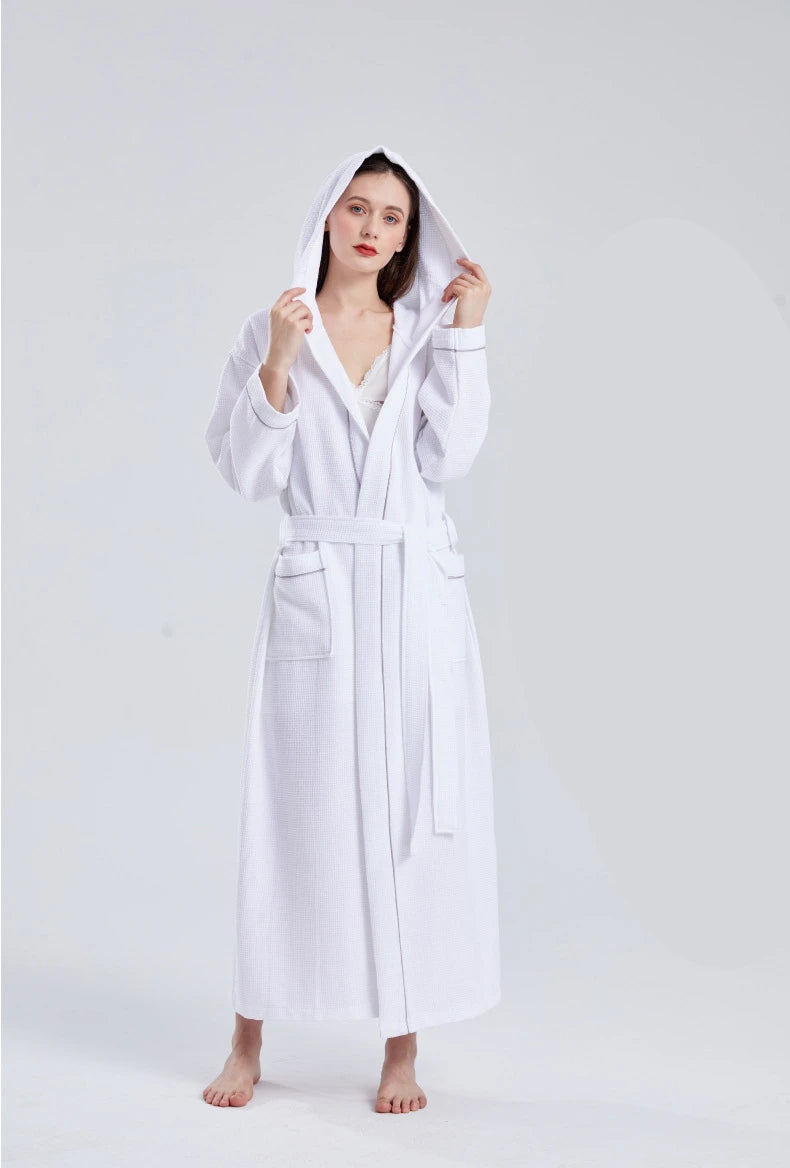 Pure Cotton Waffle Hooded Hotel SPA Robe for Men and Women - Quick Drying, Absorbent Kimono Yukata Sleepwear, Homewear, Casual Soft Bathrobe