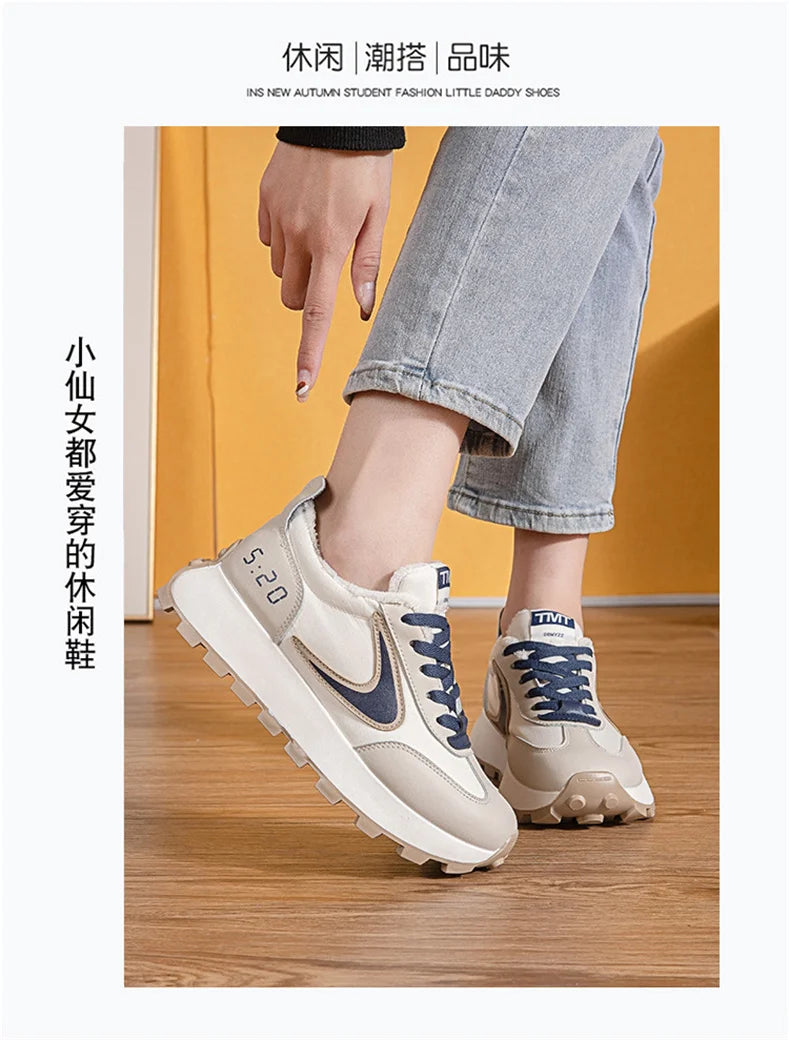 Autumn Winter Chunky Sneaker Women Retro Running Shoes Fashion Casual Fabric Breathable Height Increased Platform Shoes