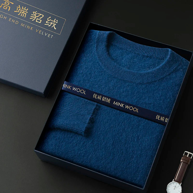 100% Pure Mink Cashmere Men's Round Neck Sweater for Autumn Winter, Casual Knitted Long Sleeved Pullover Sweater Men's Clothing