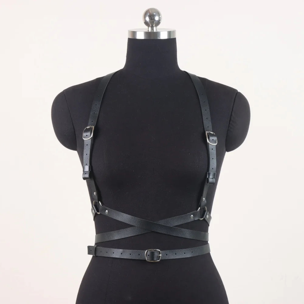 Edgy E-Girl Black/White Harness Belt Multi-Ring Metal Buckle Techwear Statement Belt for Party Styling