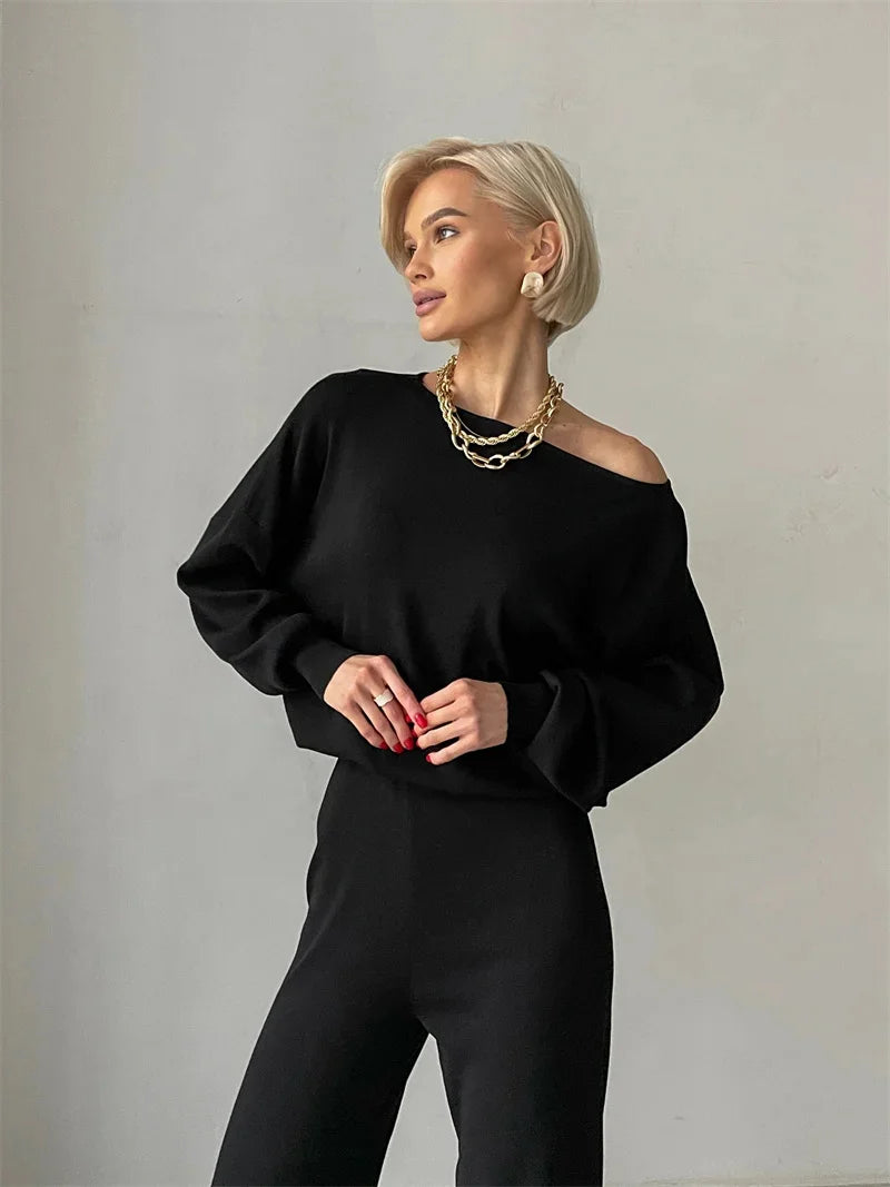 Elegant Loungewear Knitted 2 Piece Set Knit Pants and Sweater Matching Set Women Casual Winter Knitted Two Piece Sets Women 2024