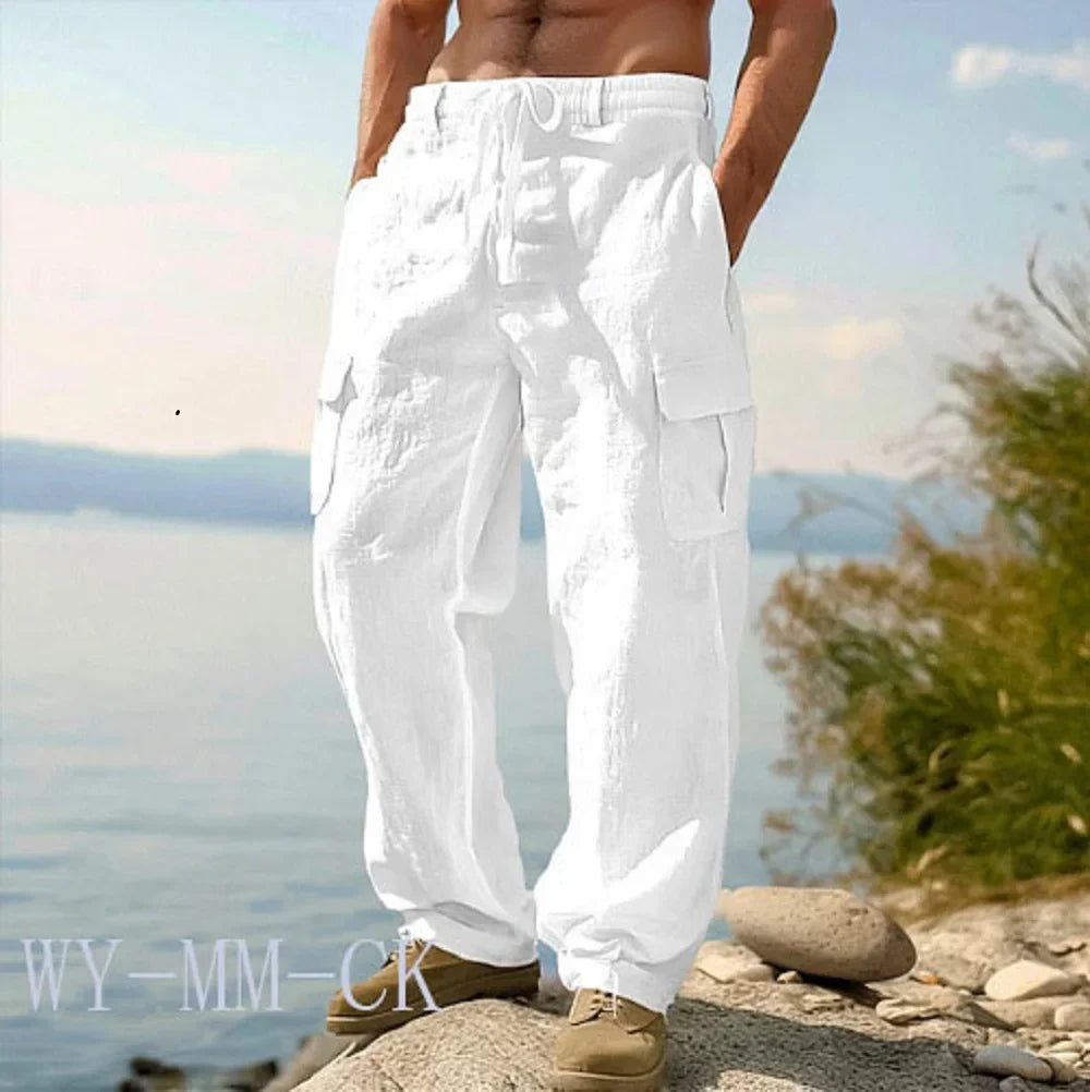 2026 European and American Men's Cotton and Linen Trousers Multi-pocket Work Pants Loose Straight Sportswear and Casual Trousers