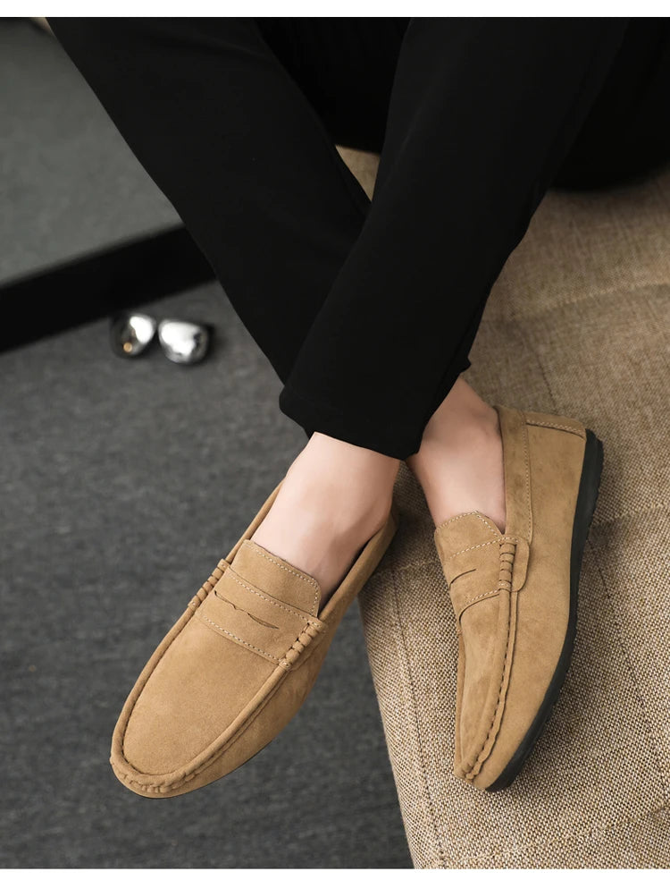 2025 Autumn Deer Leather Casual Men's Shoes Versatile Comfortable Work Shoes Driving Loafers Black, Grey, Khaki Three-Colour