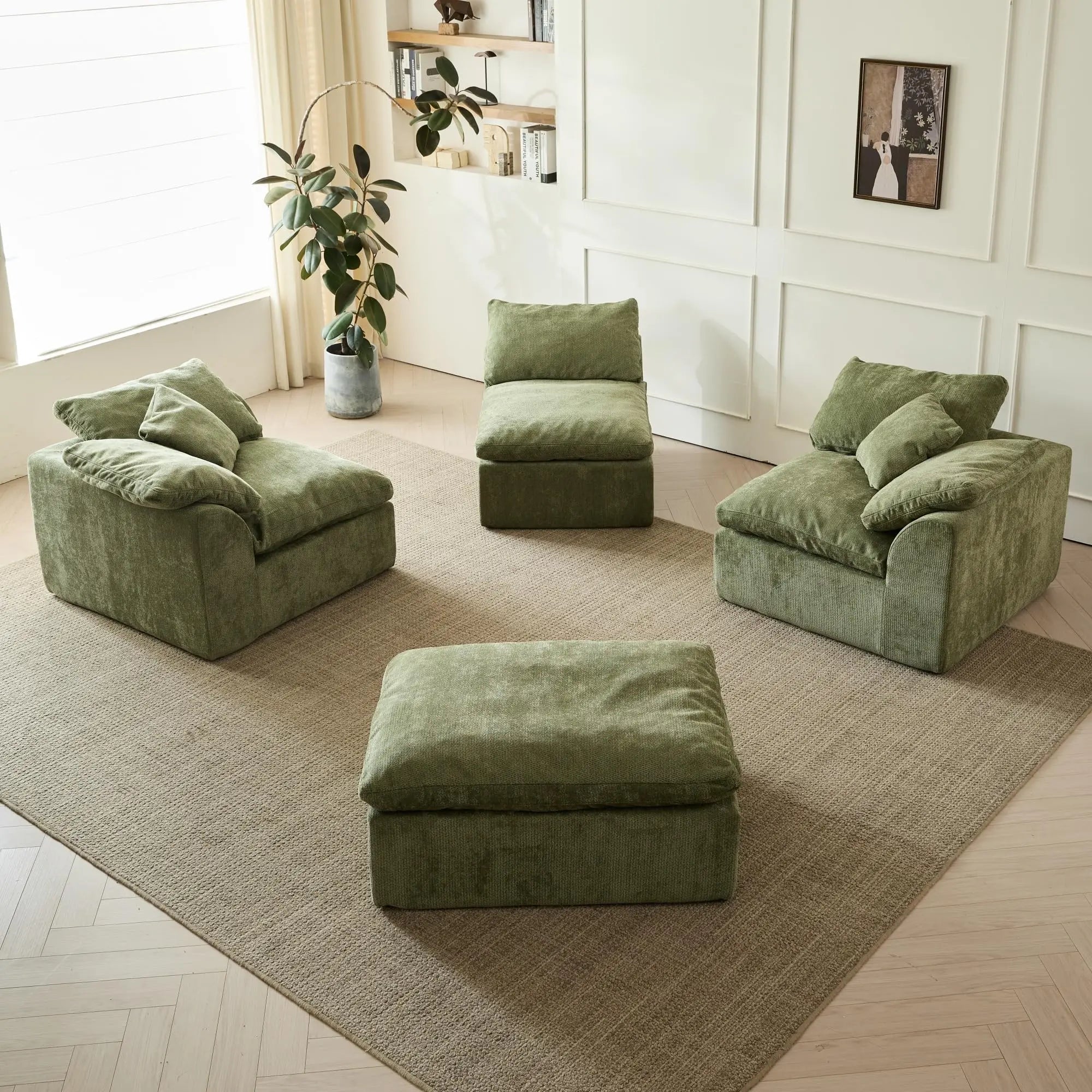 109" Modern Cloud L-Shaped 3-Seater Oversized Deep Seat Chenille Fabric Sofa Green Modular Sectional with Ottoman