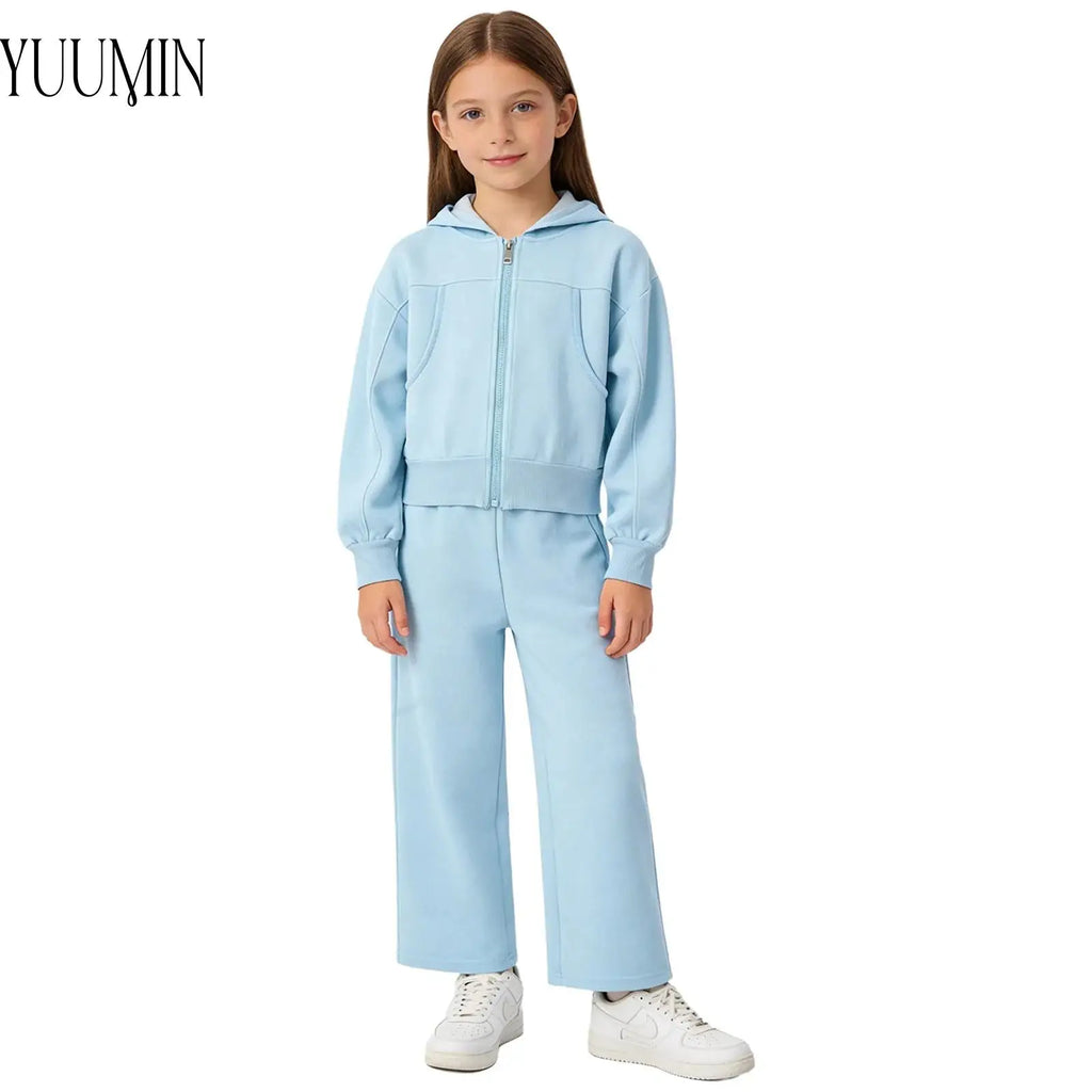 Children Girls Fashion Sports Set Long Sleeve Zipper Hooded Jacket with Pockets Wide-Leg Pants for Gym Workout Exercise Running