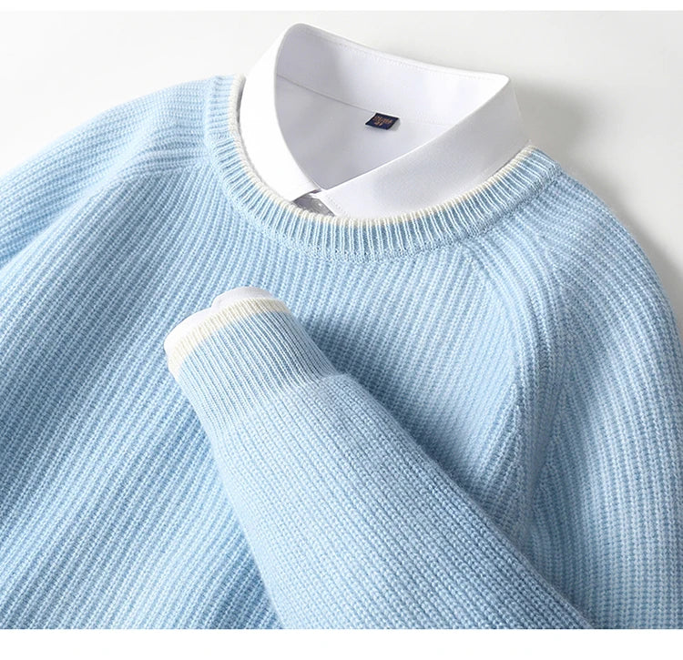 100% Pure Wool Men's Round Neck Thick Pullover Sweater - Youth Knitted Cashmere Sweater with Bottom