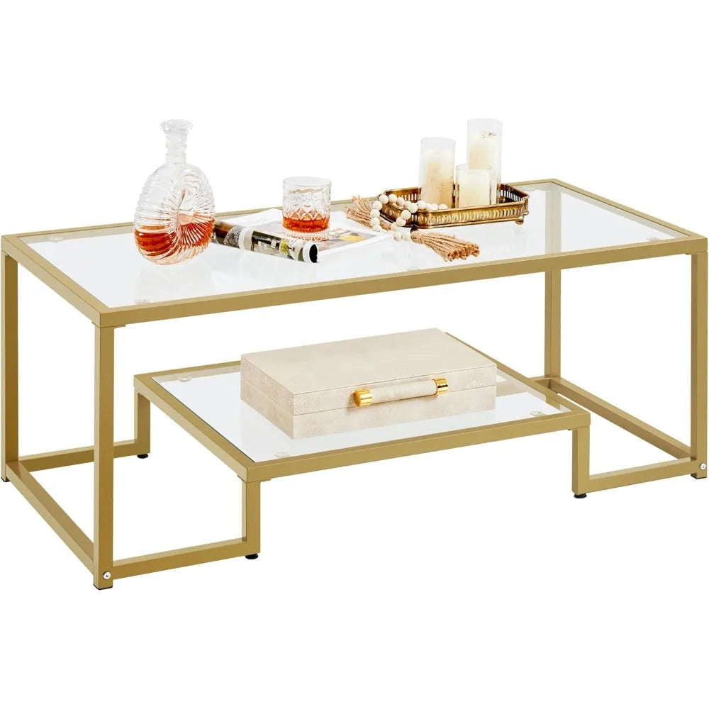 Gold Coffee Table, 42" Rectangular Glass Coffee Table for Living Room, 2-Tier Living Room Tables with Storage Center, Customized