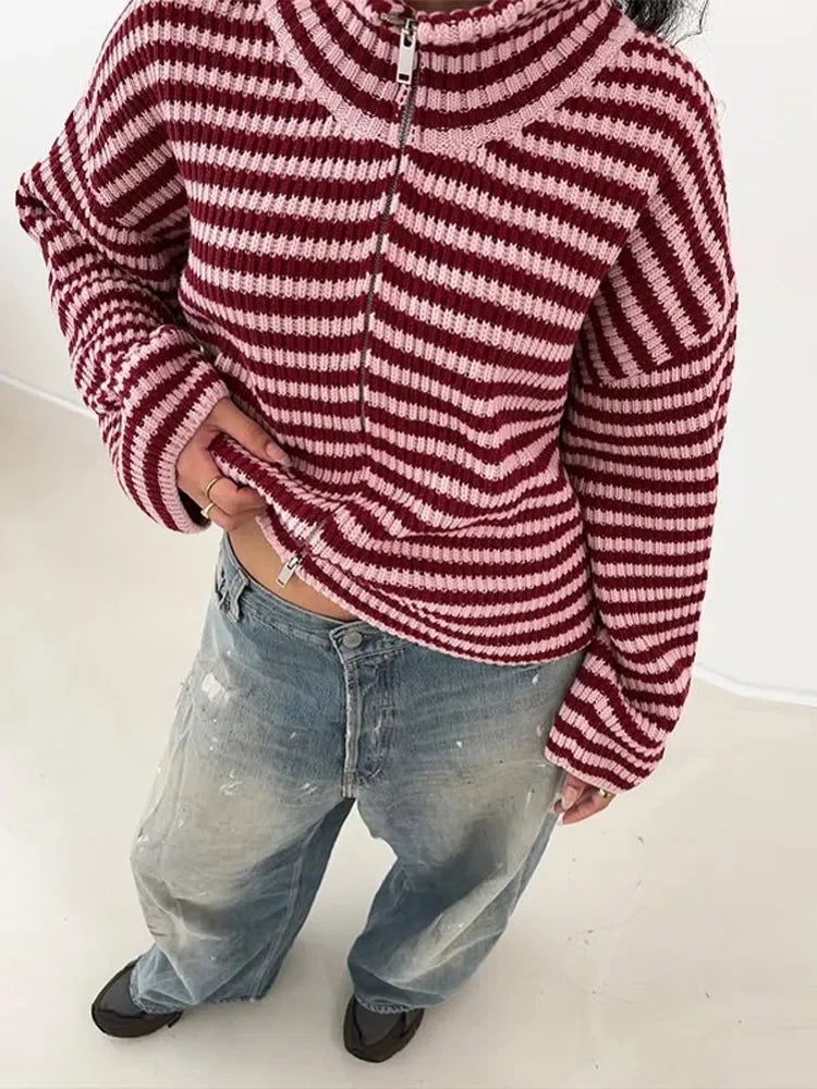 Women's Panelled Striped Zipper Knit Sweater Turtleneck Full Sleeve Coat 2026 Spring Autumn Female Casual Outings Daily Matching