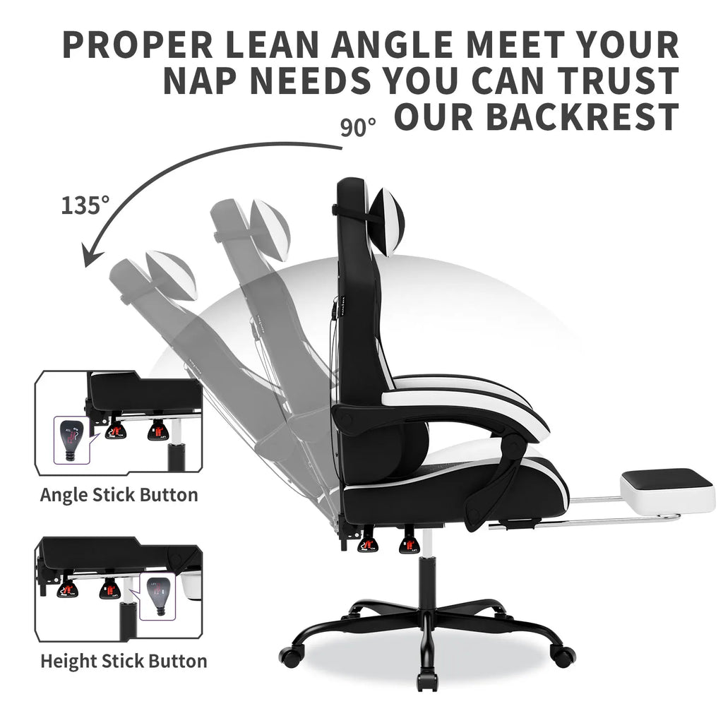 WOTSTA Gaming Chair with Footrest, Lumbar Support, Adjustable Height, Swivel Seat, Headrest, For Office or Gaming