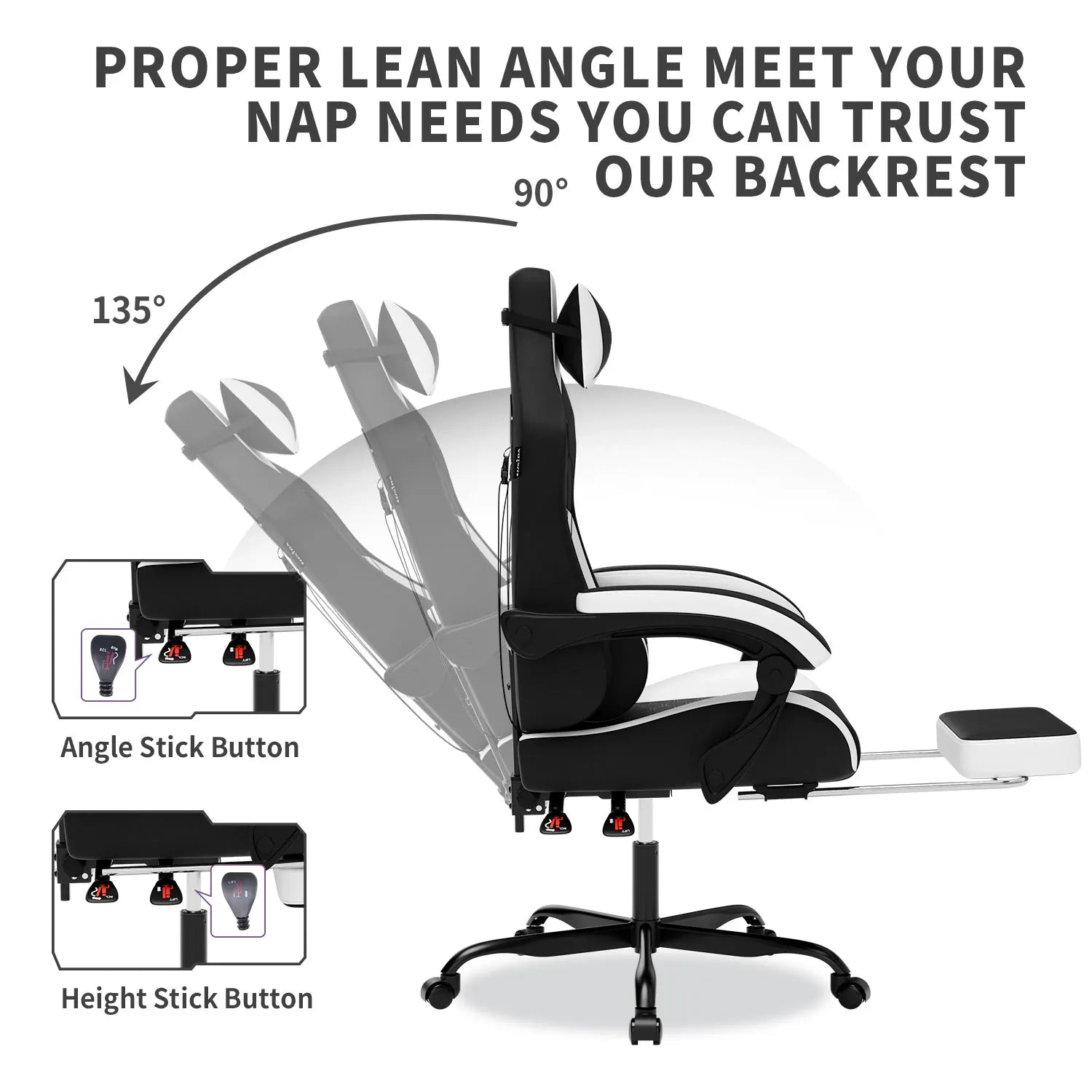 WOTSTA Gaming Chair with Footrest, Lumbar Support, Adjustable Height, Swivel Seat, Headrest, For Office or Gaming