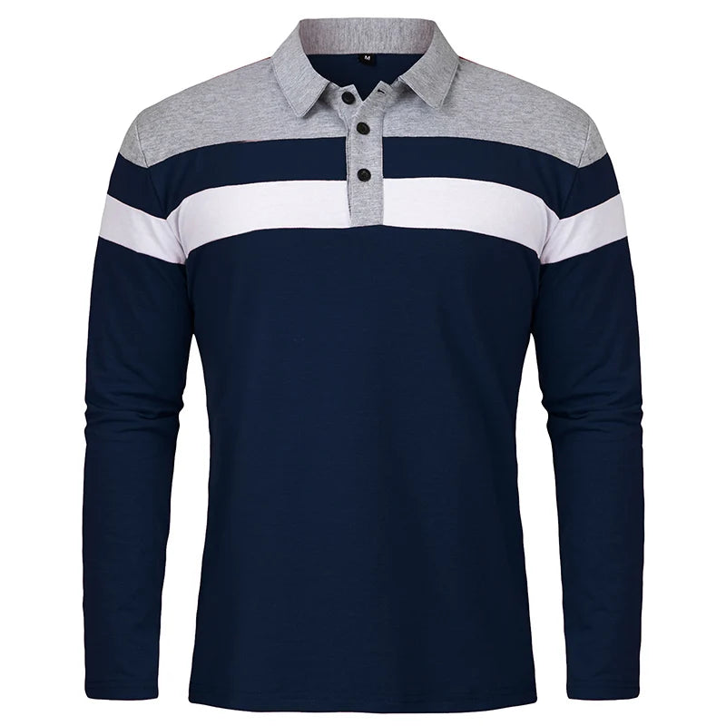 Men's Long Sleeve Casual Cotton Patchwork Collared Shirt Autumn Striped Pullover Streetwear Golf Button Polo Shirts