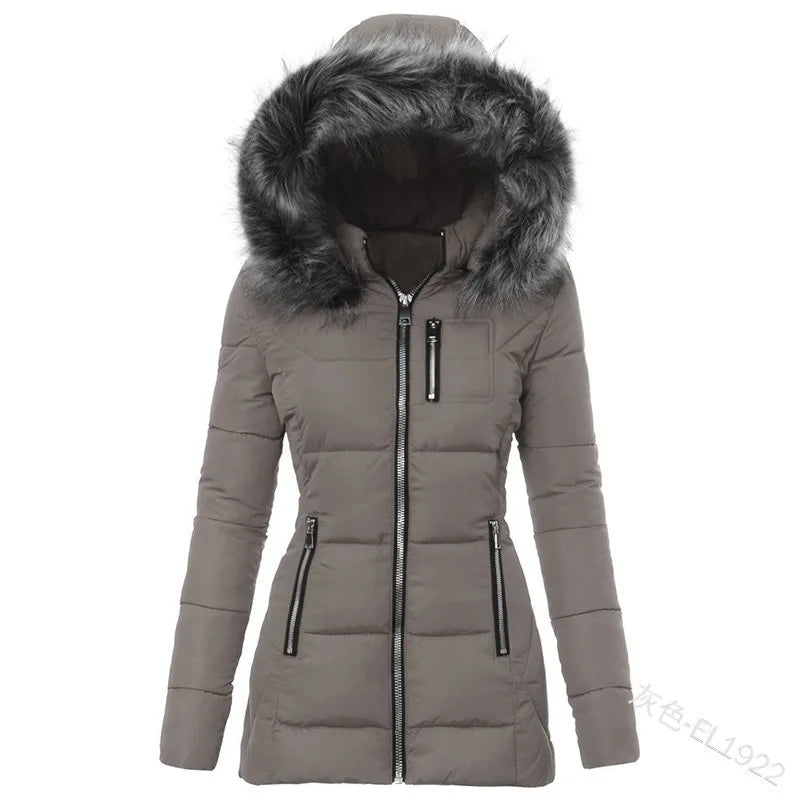 Women's Parkas Jacket Cotton Coat Winter Thick Fur Collar Hooded Windproof Padded Jackets Outerwear Zipper Overcoat Office Lady