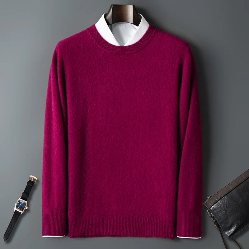 100% Pure Mink Cashmere Men's Round Neck Sweater for Autumn Winter, Casual Knitted Long Sleeved Pullover Sweater Men's Clothing