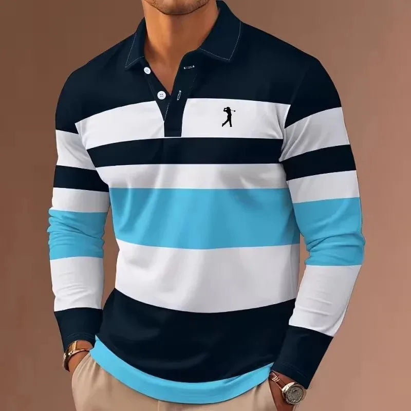 Men's Striped Rugby Polo Long-Sleeved Collar Shirt for Casual, School, Outdoor Sports - 3D Printing for Spring, Autumn, and Winter