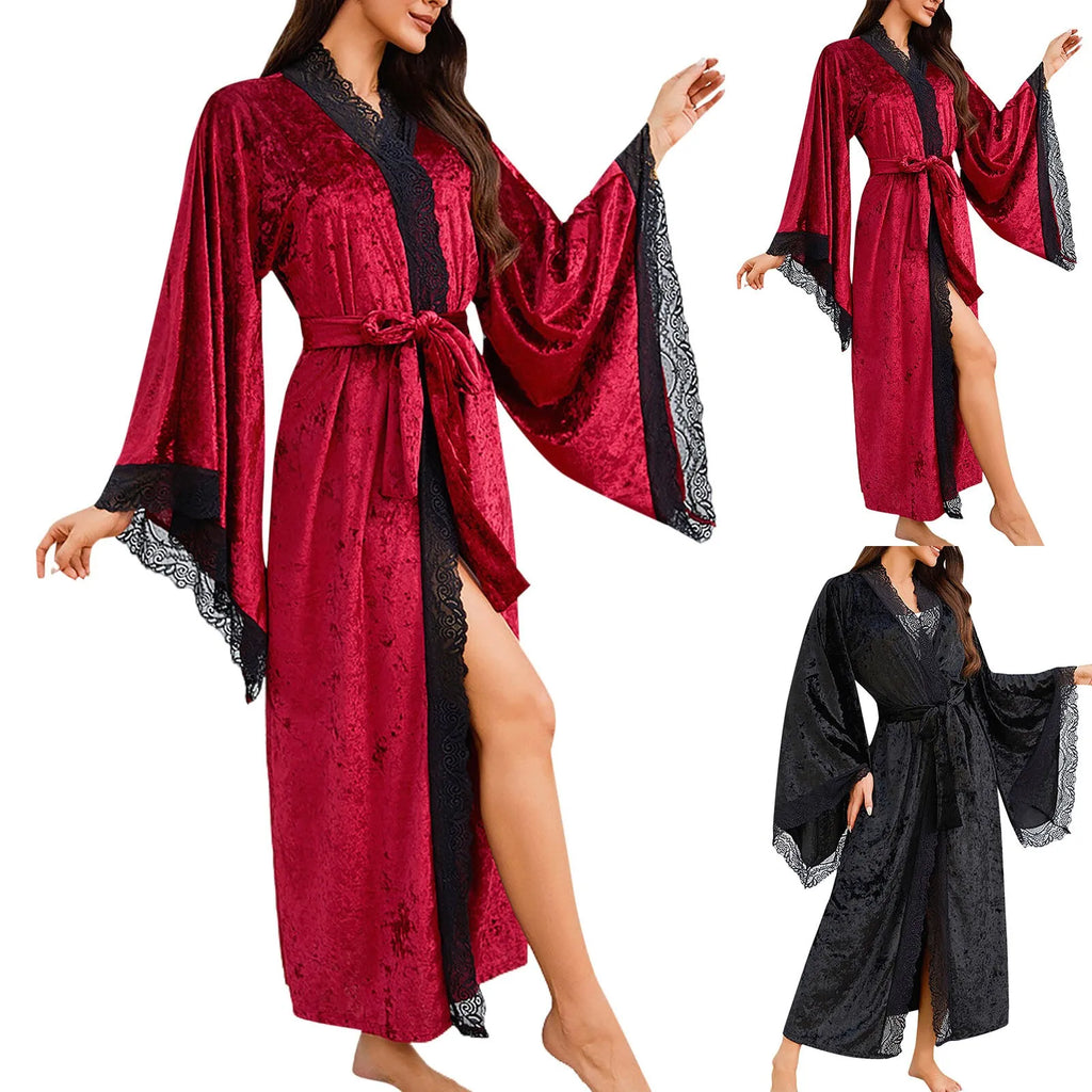 Women's Lace Velvet Bathrobe Breathable Nightgown Kimono Home Clothes Flare Sleeve Night Long Robe Female Sleepwear Homewear