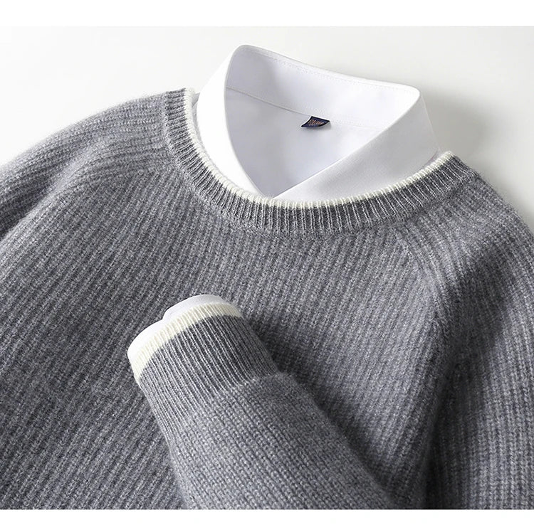 100% Pure Wool Men's Round Neck Thick Pullover Sweater - Youth Knitted Cashmere Sweater with Bottom