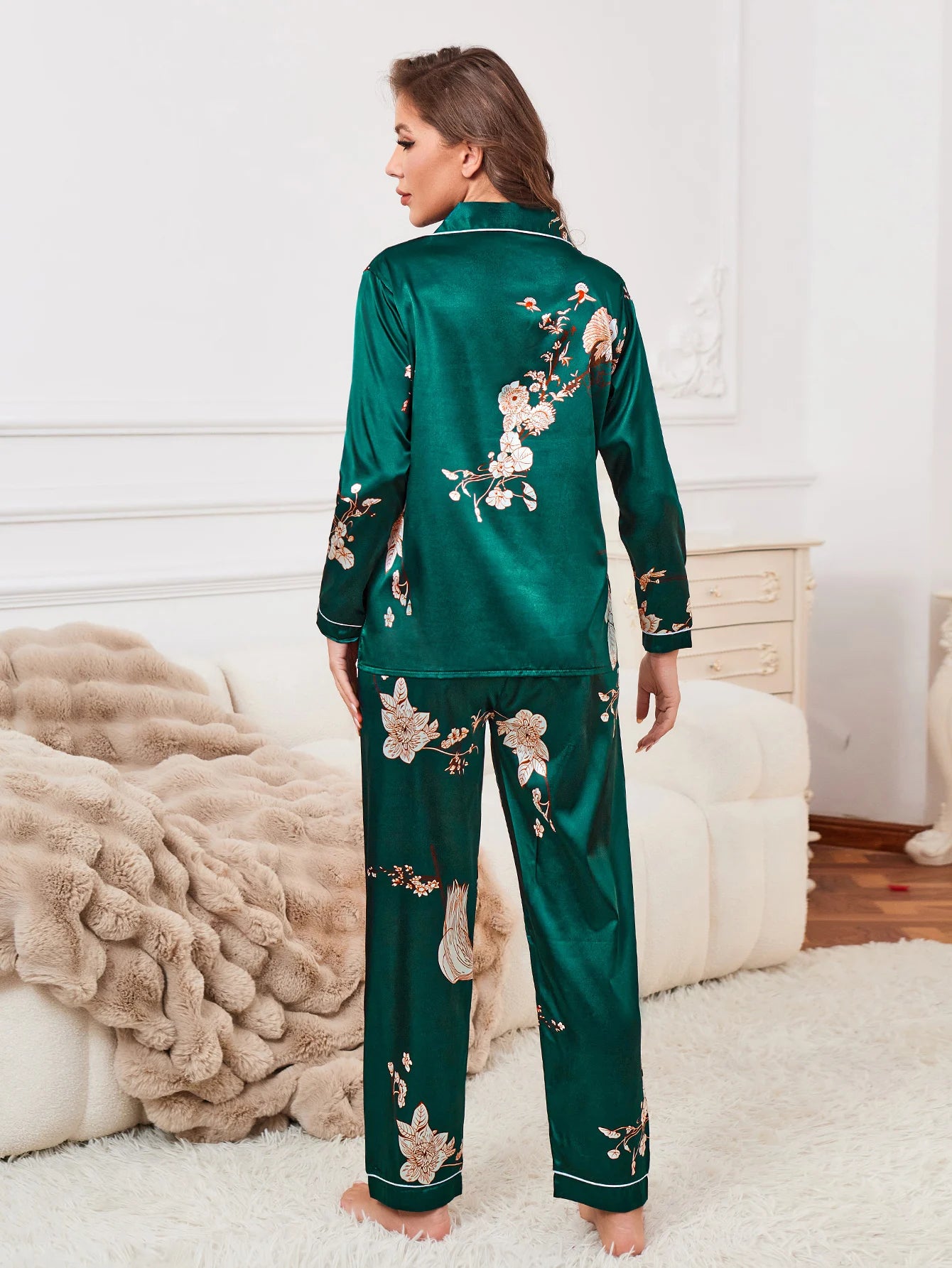 Floral Print Contrast Piping Satin Pajama Set, Women's Sleepwear & Loungewear Button Up Lapel Top & Pants PJ Set