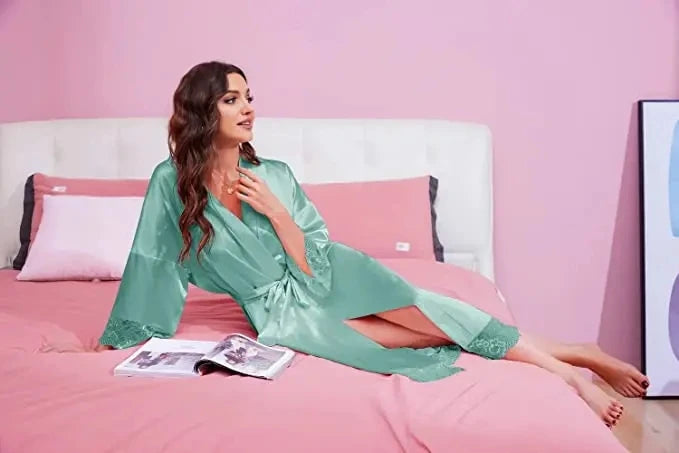 Bride Robe with Lace Sleeves White  Lace Bridal Robe Long Wedding Kimono Robe for Women Bridesmaid Dressing Gown