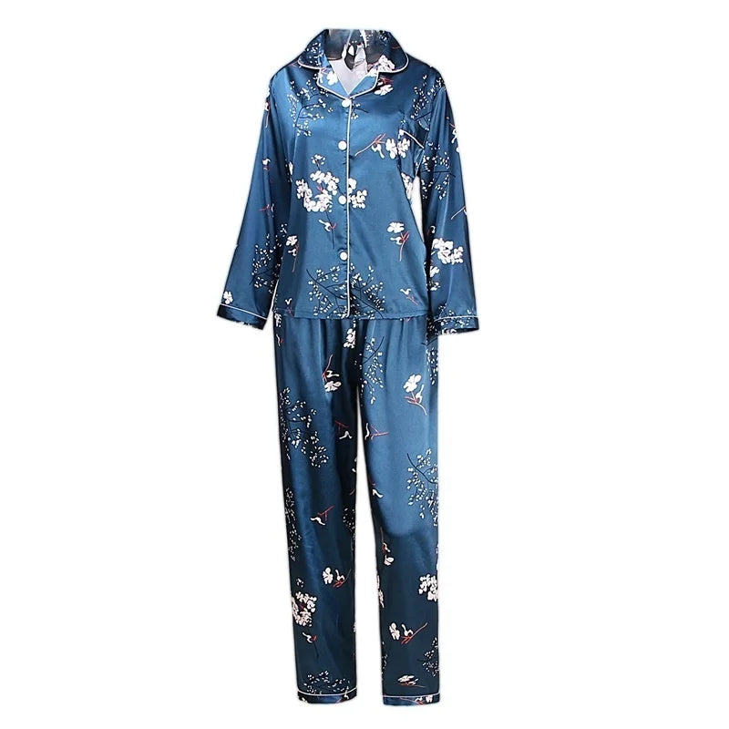 Spring Autumn Pajama Women Silk Satin Pajamas Set Long Sleeve Shirt with Trouser Sleepwear Loungewear Female Pajamas Suits Mujer