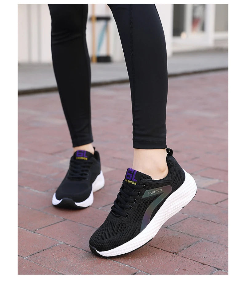 Women's Sports Shoes Comfortable Running Shoes Flying Knit Versatile Lace-Up Casual Shoes For Women Breathable And Fashionable