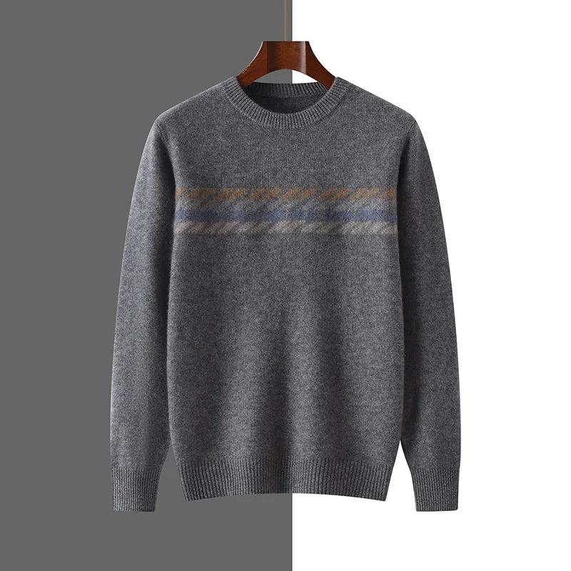Autumn Winter New Round Neck 100% Cashmere Sweater for Men - Loose Thickened Casual Color Block Pullover Knitted Base Shirt