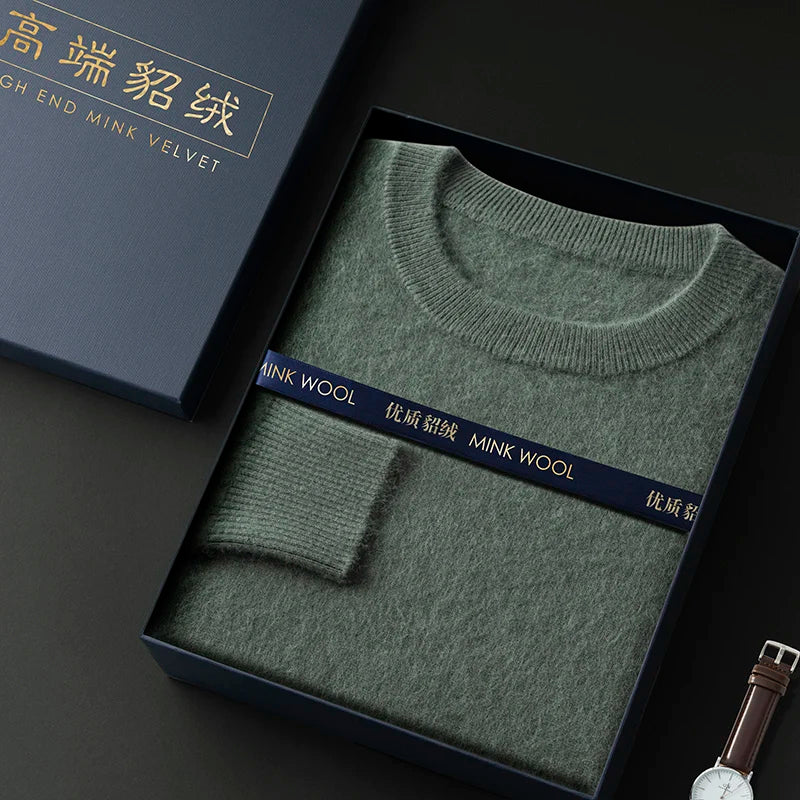 100% Pure Mink Cashmere Men's Round Neck Sweater for Autumn Winter, Casual Knitted Long Sleeved Pullover Sweater Men's Clothing