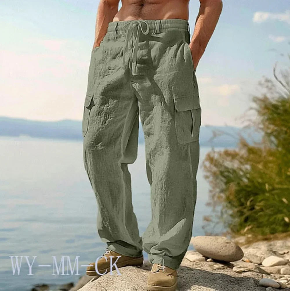 2026 European and American Men's Cotton and Linen Trousers Multi-pocket Work Pants Loose Straight Sportswear and Casual Trousers