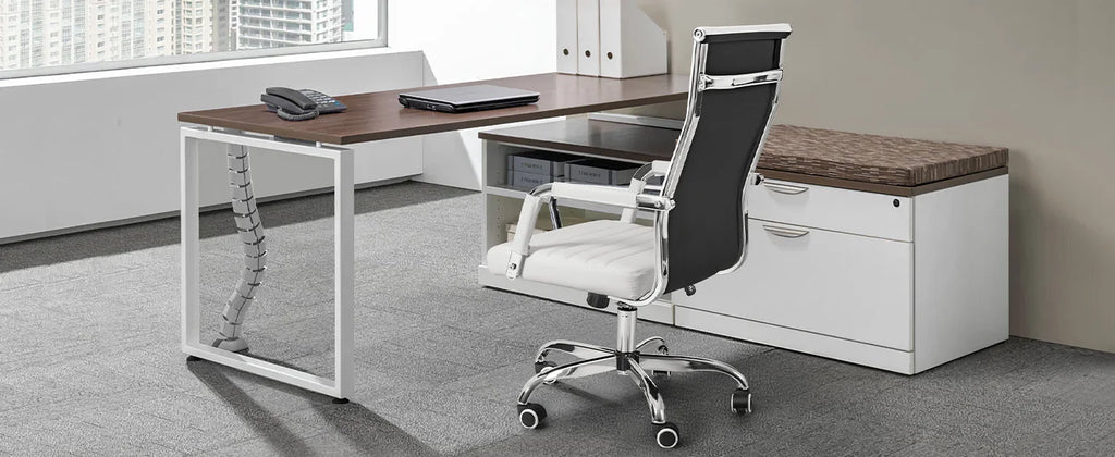 Furmax Ribbed Office Desk Chair Mid-Back PU Leather Executive Conference Task Chair Adjustable Swivel Chair with Arms (White)