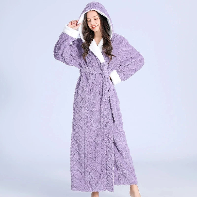 Loose Long Thick Hooded Winter Bathrobe for Women - Flannel Terry Comfortable Sleepwear