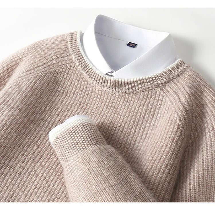 100% Pure Wool Men's Round Neck Thick Pullover Sweater - Youth Knitted Cashmere Sweater with Bottom