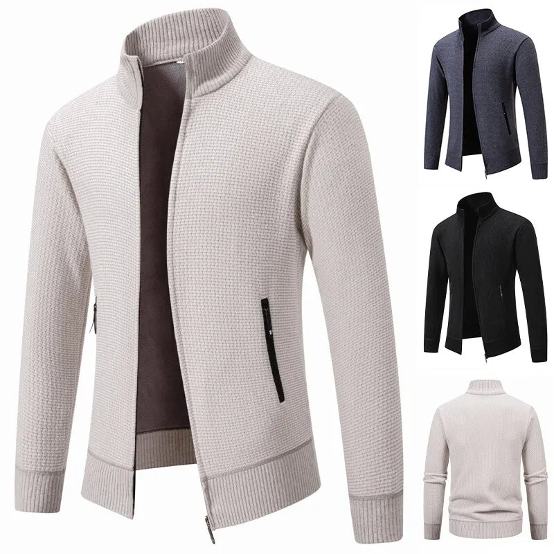 Winter Men's Knitted Sweater Jacket - Casual Cardigan with Stand-Up Collar
