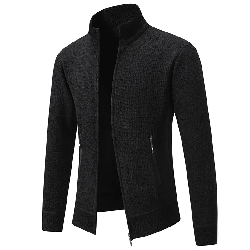 Winter Men's Knitted Sweater Jacket - Casual Cardigan with Stand-Up Collar