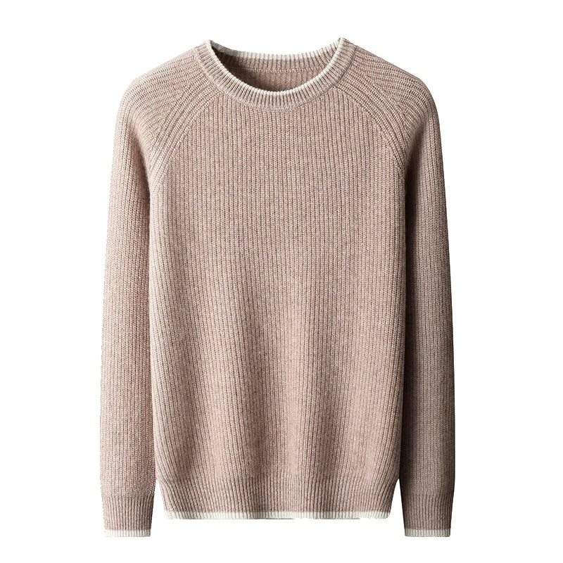 100% Pure Wool Men's Round Neck Thick Pullover Sweater - Youth Knitted Cashmere Sweater with Bottom